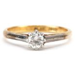 18ct gold and platinum diamond solitaire ring, the diamond approximately 0.25 carat, size K, 2.