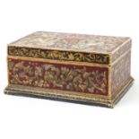 Antique pine table casket hand painted with gryphons and heraldic shield, 14cm H x 29.5cm W x 19cm D
