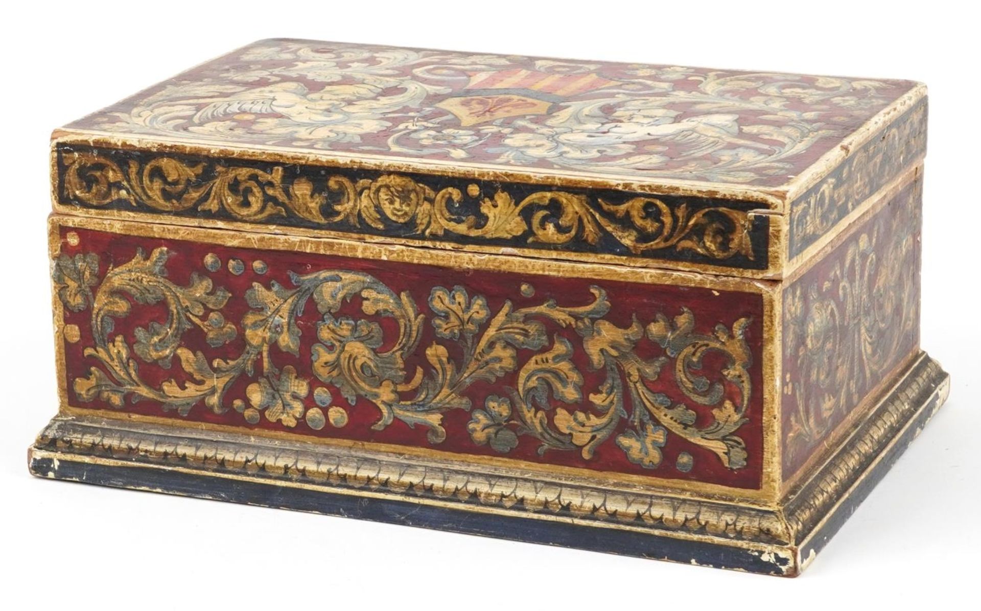 Antique pine table casket hand painted with gryphons and heraldic shield, 14cm H x 29.5cm W x 19cm D