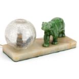 Art Deco onyx table lamp with globular glass shade surmounted with a polar bear, 25cm wide : For