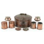 Indian metalware including coppered metal betel nut box with carrying handle, 25cm in diameter : For
