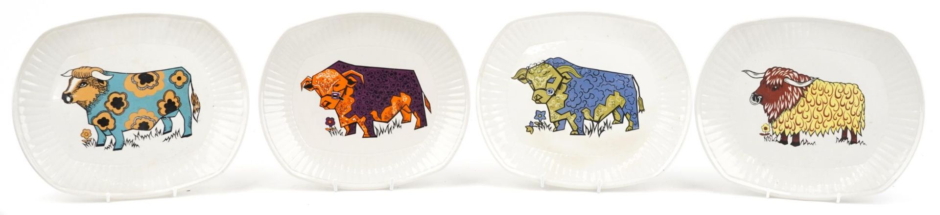 Vintage Staffordshire ironstone pottery bull design steak plates by Cartwright's of England, 27cm