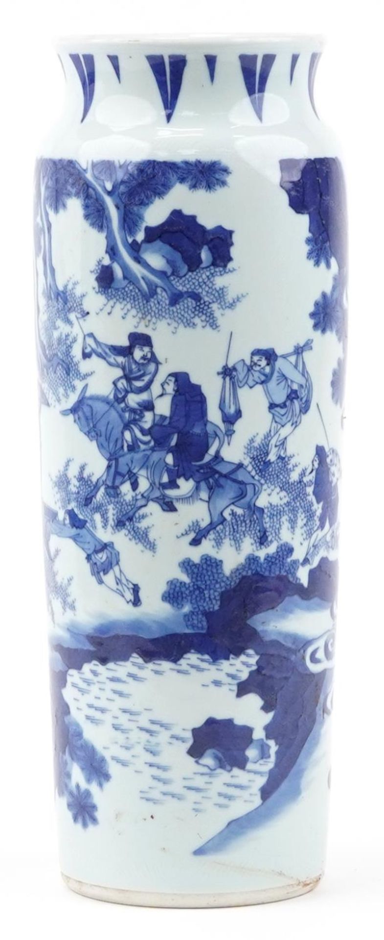 Large Chinese blue and white porcelain sleeve vase hand painted with rickshaw and figures in a - Bild 3 aus 7