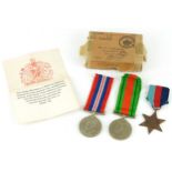 British military World War II three medal group with box of issue inscribed Mr A Durnford : For