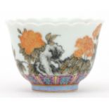 Chinese porcelain en grisaille tea bowl hand painted with flowers, four figure character marks to