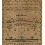Early 19th century needlework sampler with alphabet and verse by Harriott Laurence aged 9 years,