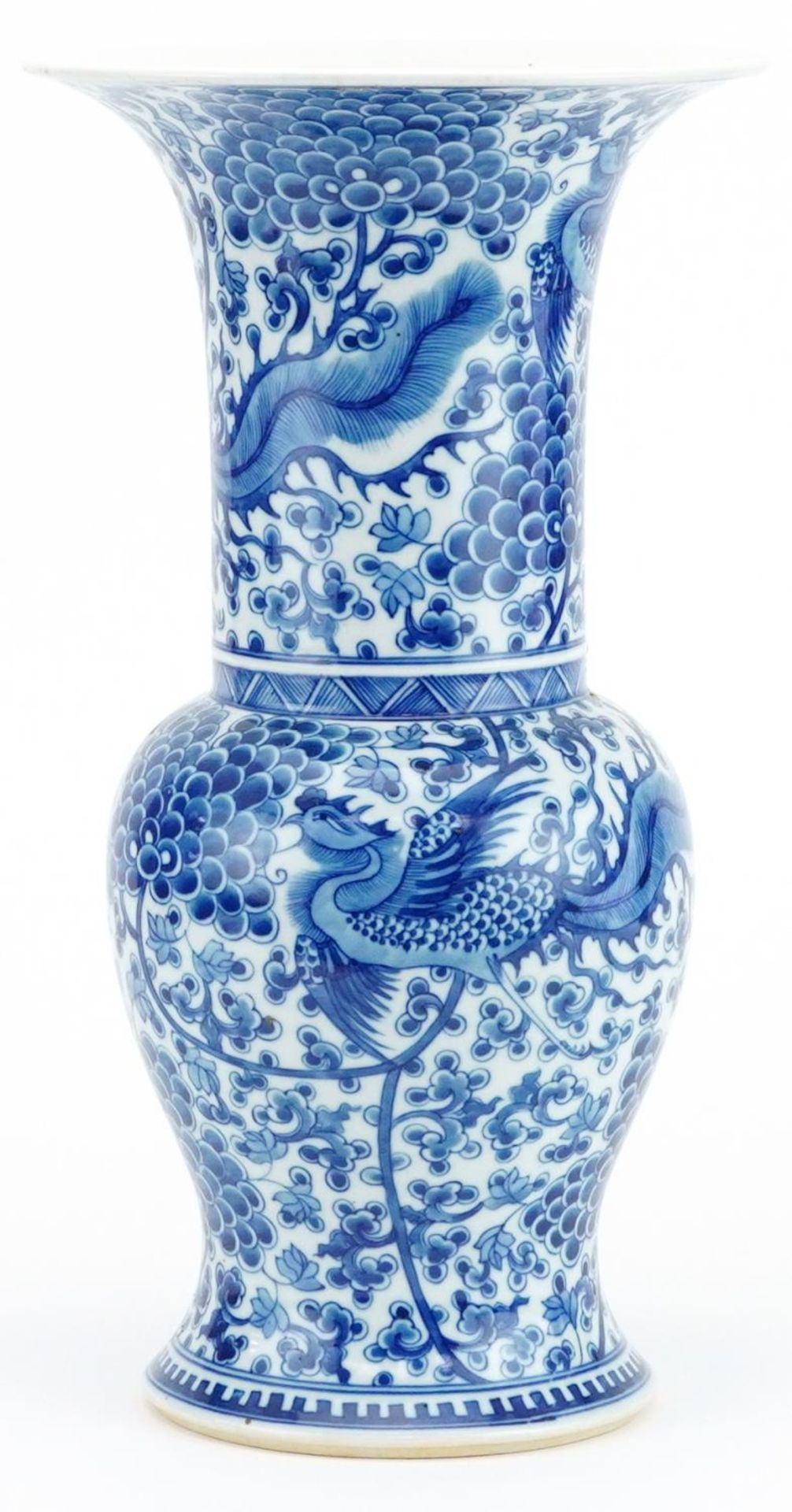 Chinese blue and white porcelain Yen Yen vase hand painted with phoenixes amongst flowers, six