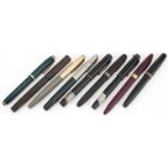 Nine vintage fountain pens, seven with gold nibs including Parker Duofold, Burnham B59, Jackdaw,