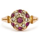 Antique 15ct gold ruby and seed pearl cluster ring, size O, 2.9g : For further information on this