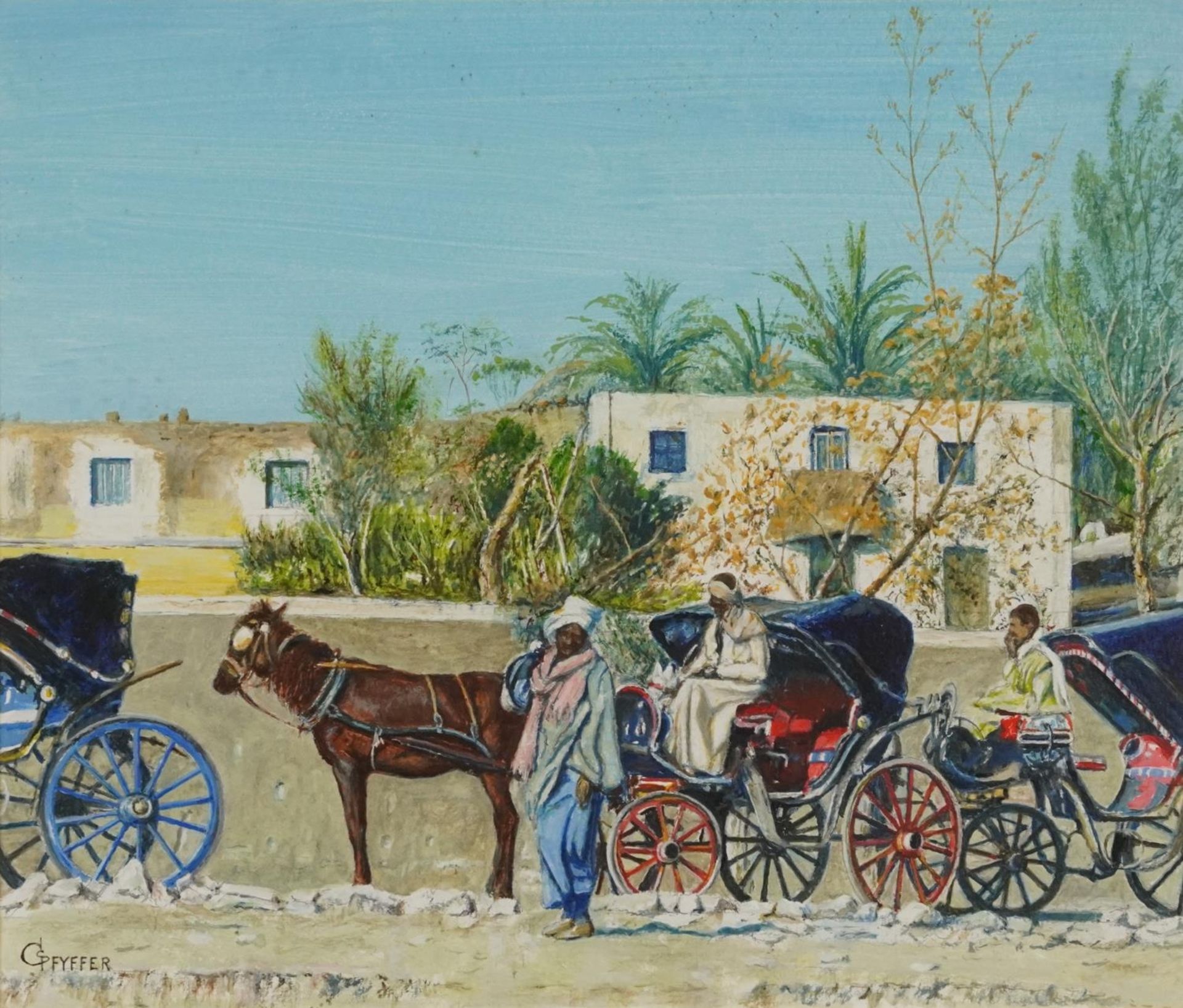Gordon Pfyffer - Egyptian taxis, Luxor, mixed media, inscribed Gallery label verso, mounted,