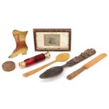 Victorian items including Tunbridgeware letter opener, silk work picture dated 1845, horn spoon,