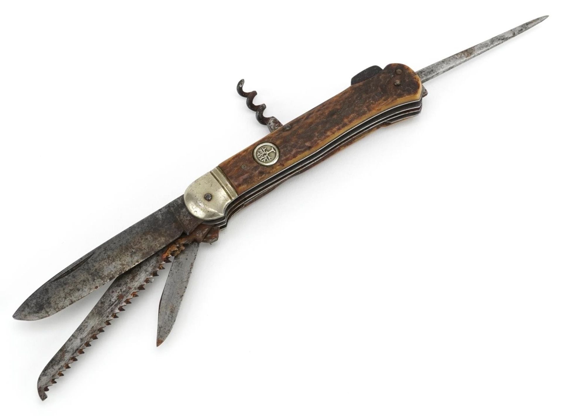 19th century German staghorn flanked folding coachman's pocket knife with various implements