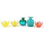 Art glassware comprising two Mdina vases and three handkerchief vases, the largest 16cm high : For