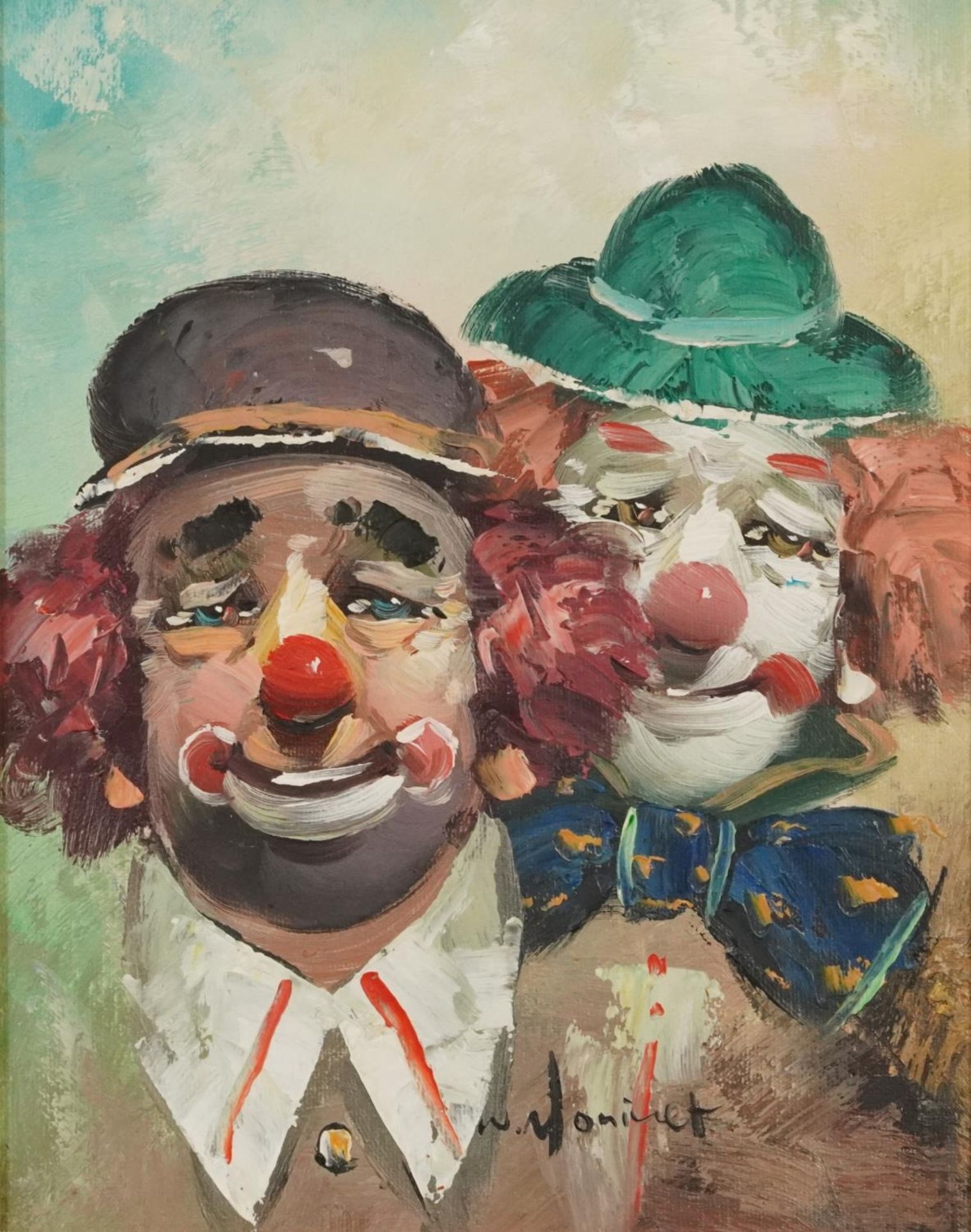 William Moninet - Two clowns, oil on board, mounted and framed, 24.5cm x 19cm excluding the mount