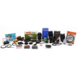 Various vintage camera lenses, filters, accessories, flash guns and booklets : For further