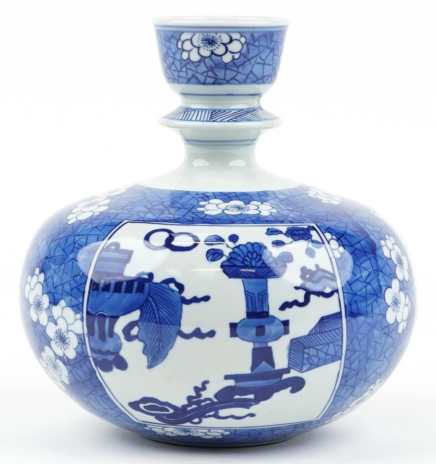 Chinese blue and white porcelain hookah base hand painted with panels of luck objects onto a - Image 3 of 6