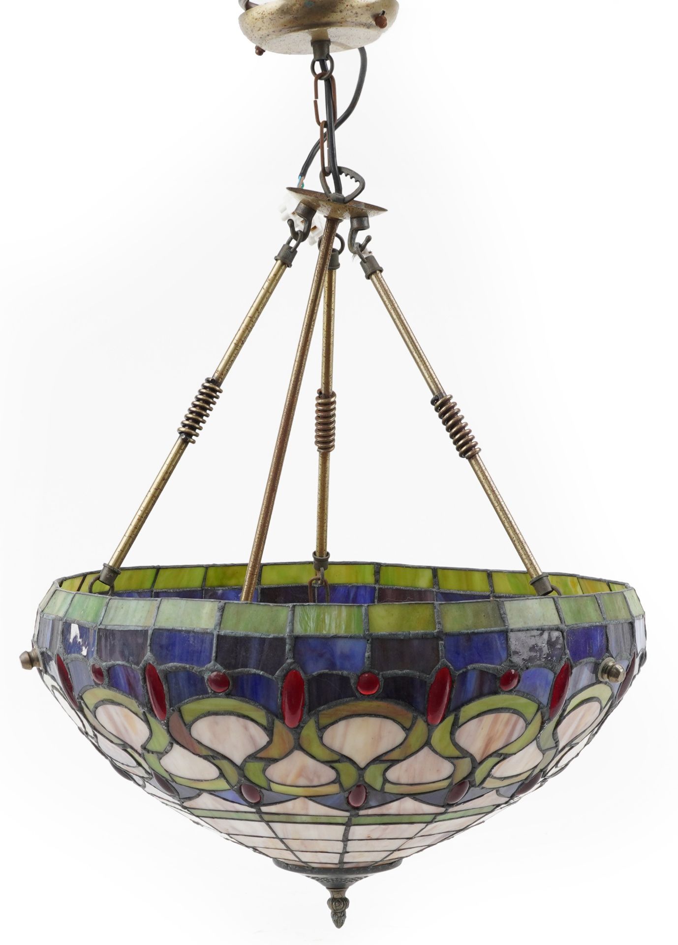 Pair of large Tiffany design leaded stained glass hanging light fittings, each 46cm in diameter : - Image 2 of 5