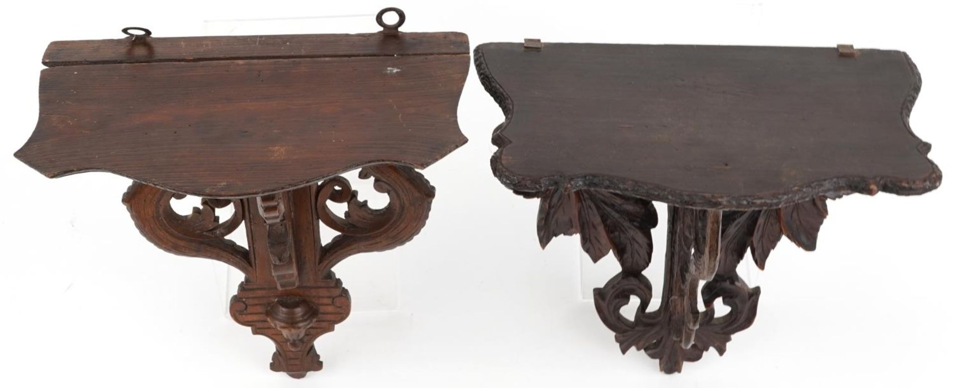 Two antique carved wood folding wall brackets including a Black Forest example, the largest 32cm - Image 2 of 4