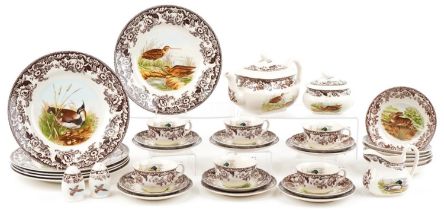 Spode Woodland dinner and teaware including teapot, trios, sugar bowl and dinner plates, the