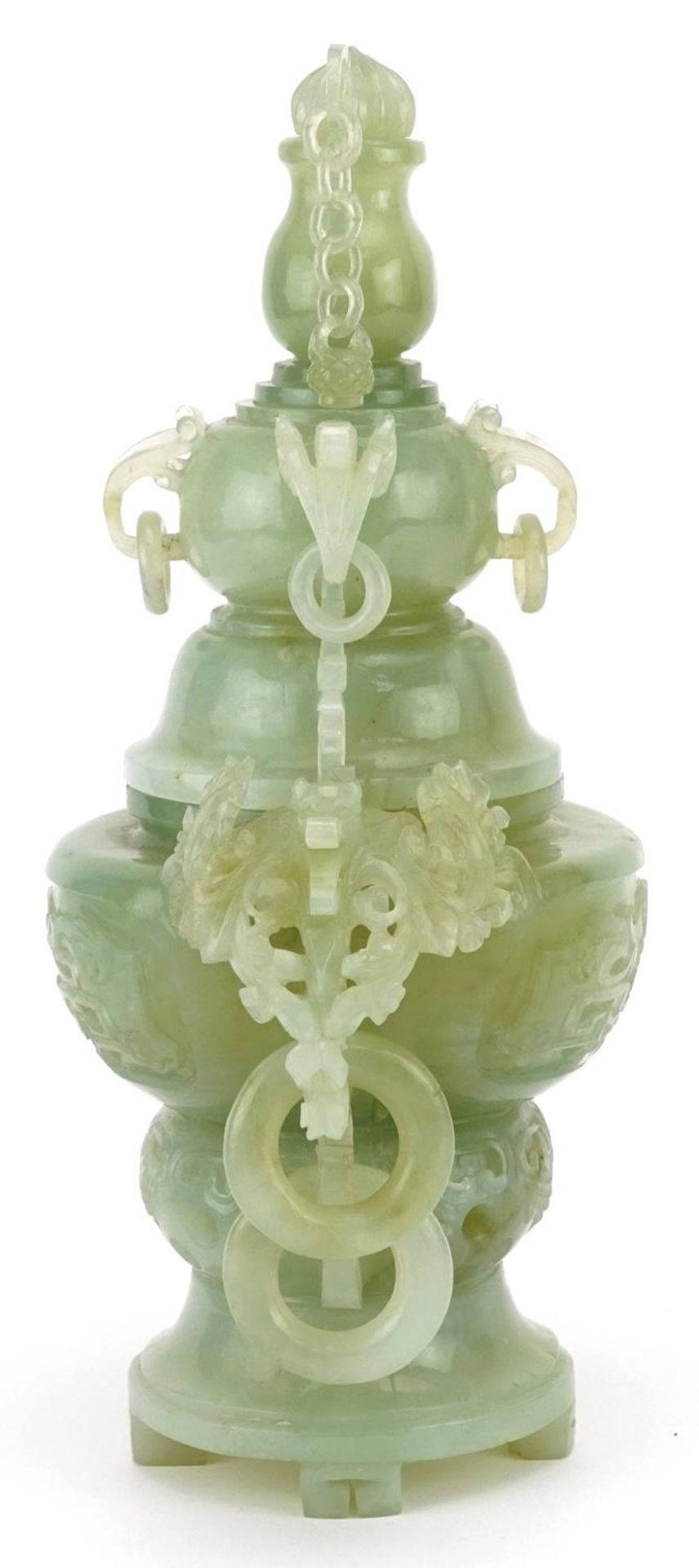 Chinese green jadeite lidded censer with ring turned handles carved with mythical animals, 29cm high - Bild 4 aus 9