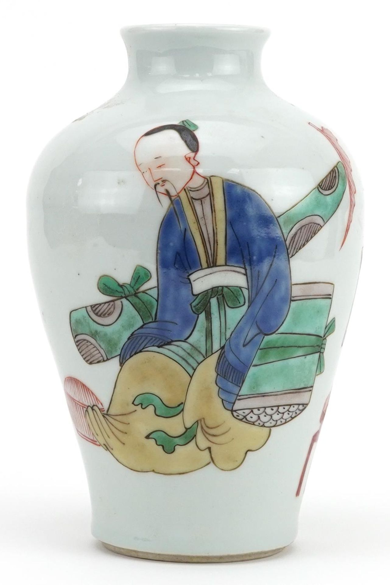 Chinese porcelain baluster vase hand painted in the famille verte palette with a scholar, 20cm