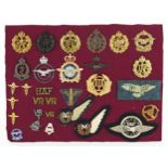 Military interest cap badges, shoulder titles and cloth badges arranged on a sheet including Royal