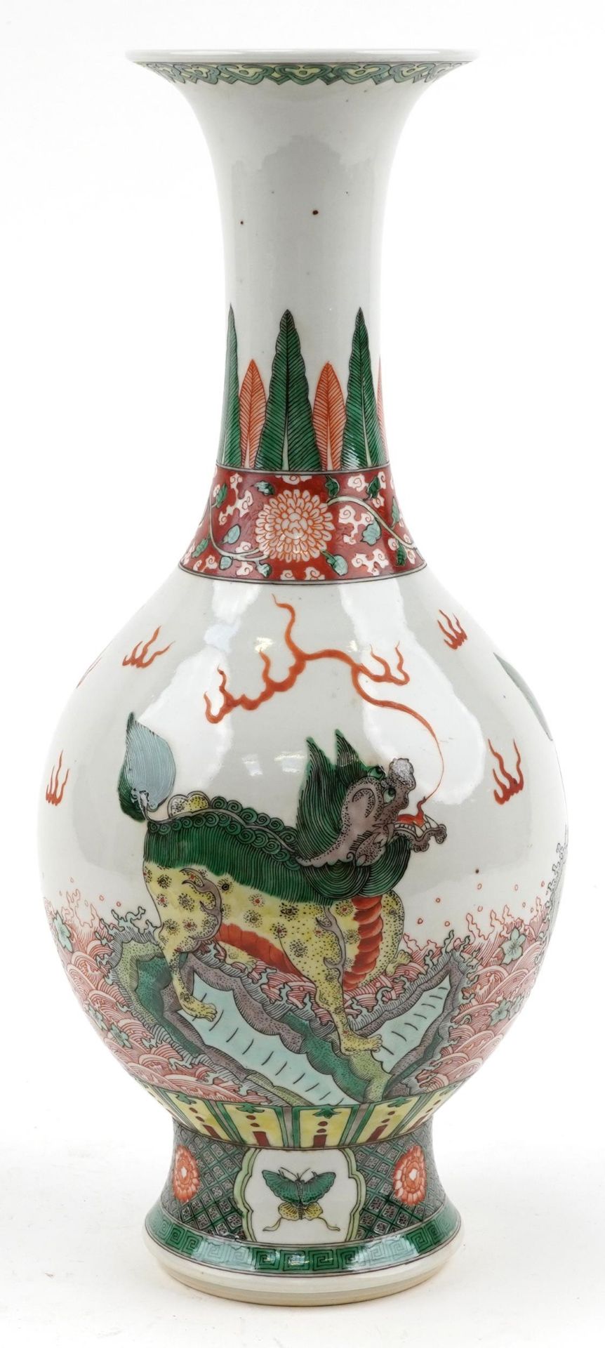 Large Chinese porcelain vase hand painted in the famille verte palette with mythical animals amongst