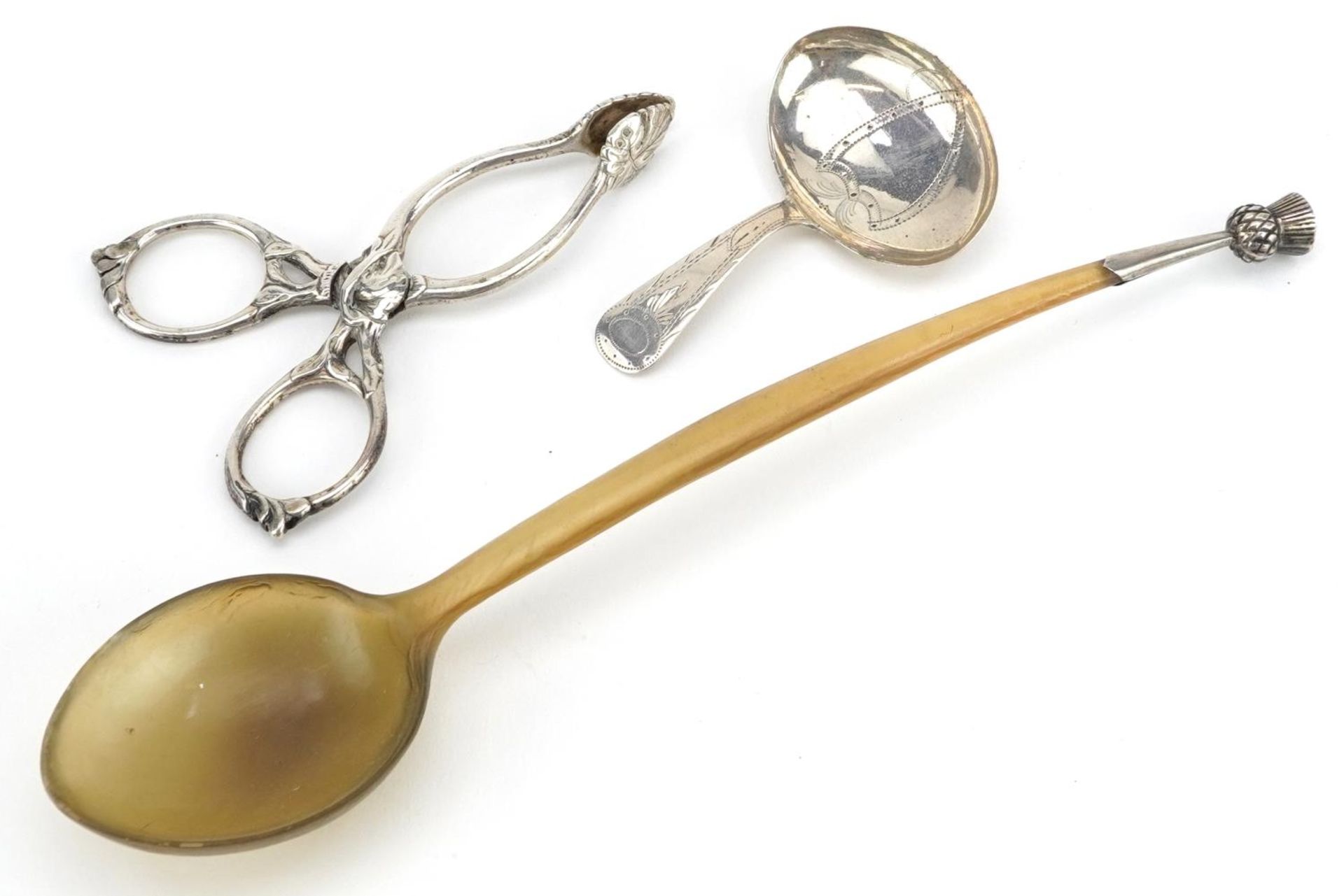 Georgian and later silver comprising Georgian caddy spoon, pair of Victorian silver sugar nips and a