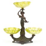 Manner of WMF, Art Nouveau partially gilt patinated spelter figural centrepiece with three