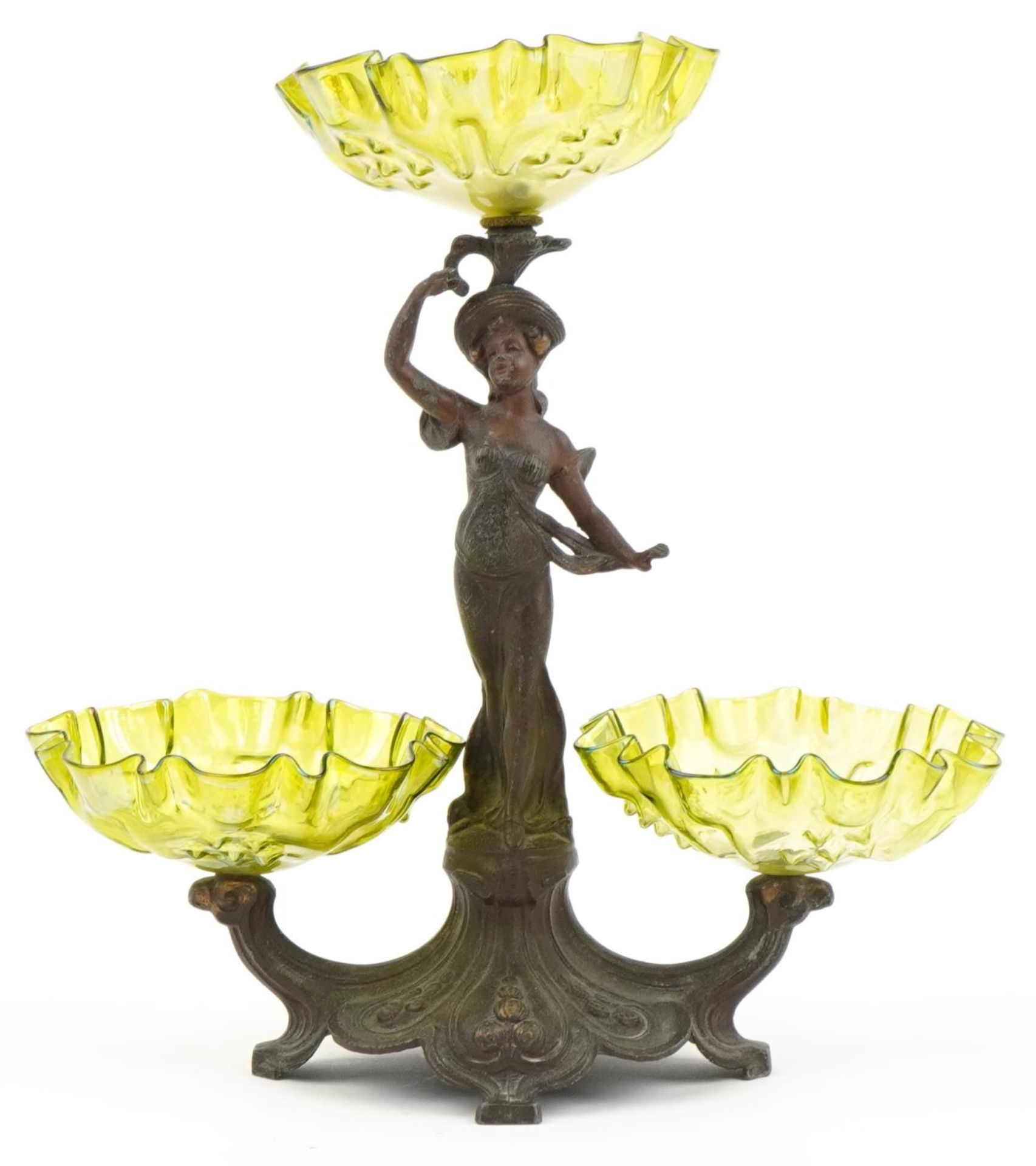 Manner of WMF, Art Nouveau partially gilt patinated spelter figural centrepiece with three