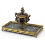 19th century ornate brass pietra dura and cloisonne desk inkwell with glass liner finely inlaid