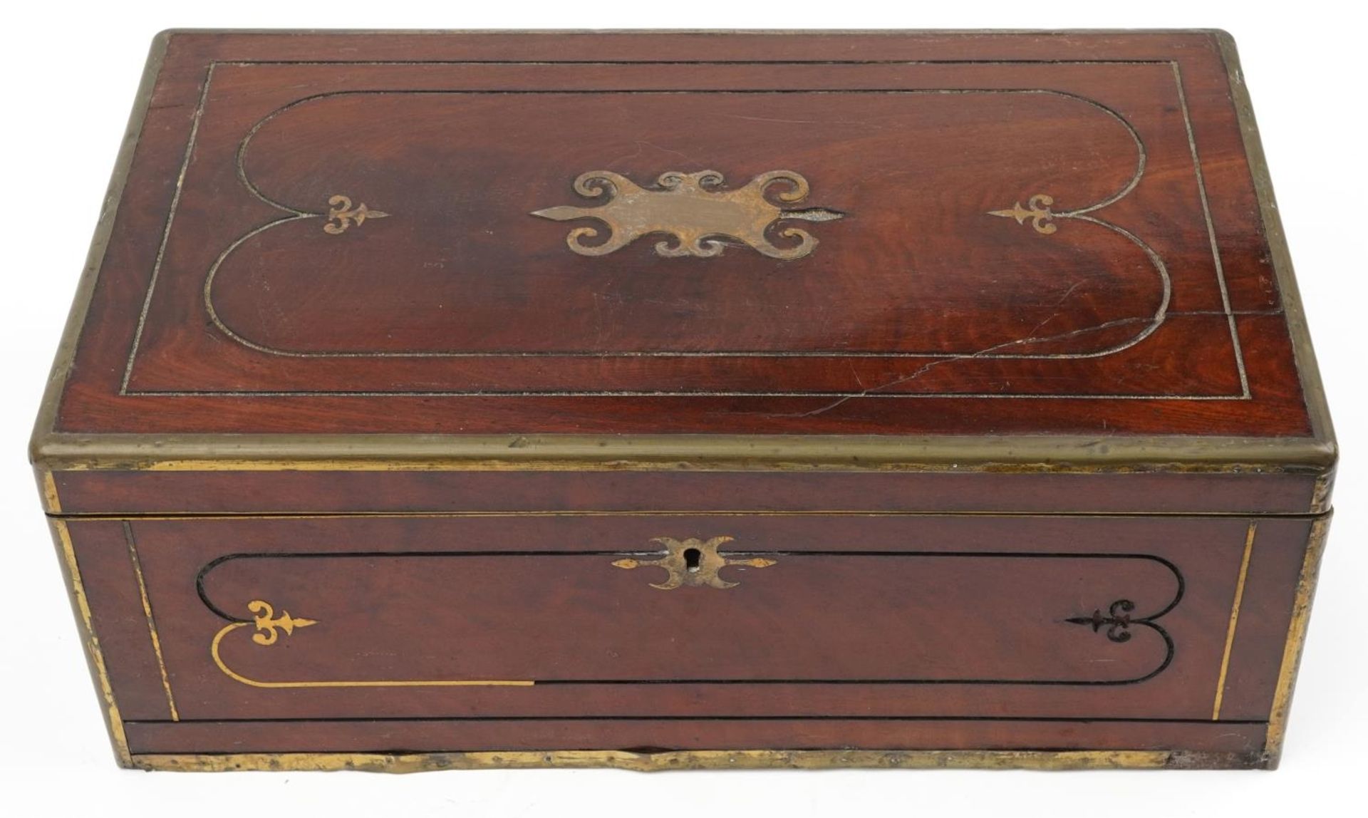 Large Victorian mahogany campaign style writing slope with inset brass foliate inlay and inset - Image 2 of 5