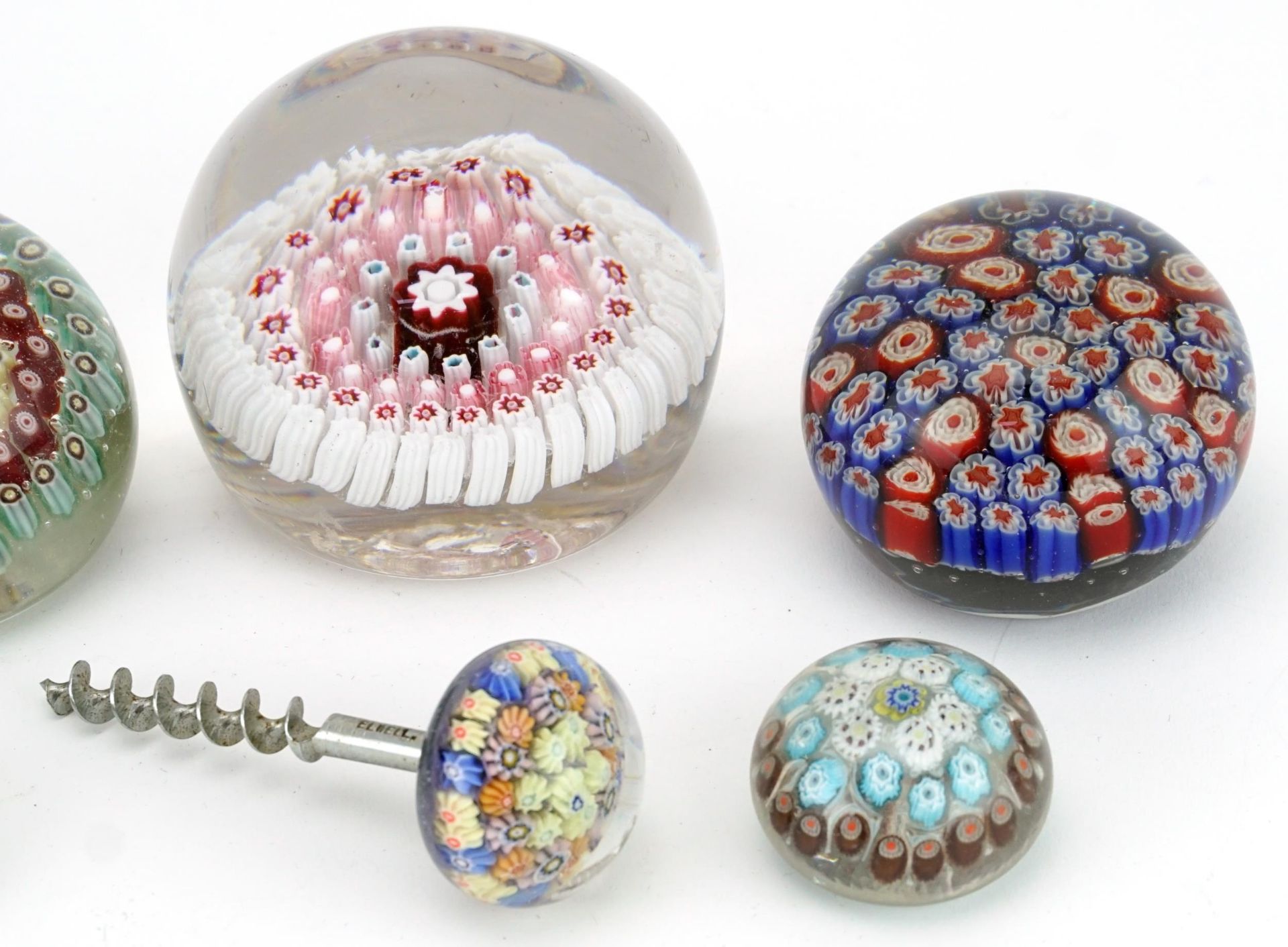 Various millefiori glass paperweights, including a button and a corkscrew, the largest 9cm in - Image 3 of 4