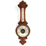 Art Nouveau style carved oak wall barometer with thermometer, 79cm high : For further information on