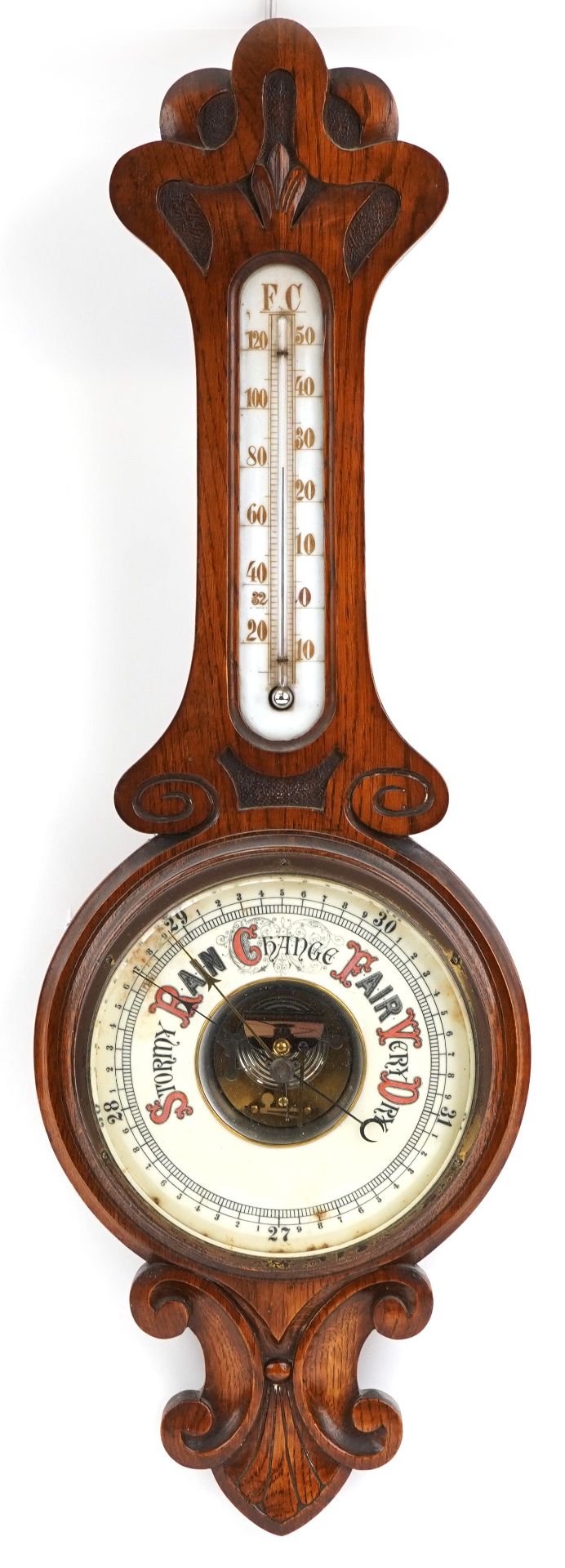 Art Nouveau style carved oak wall barometer with thermometer, 79cm high : For further information on