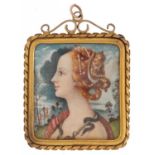 19th century European portrait miniature hand painted with a female before a landscape, the