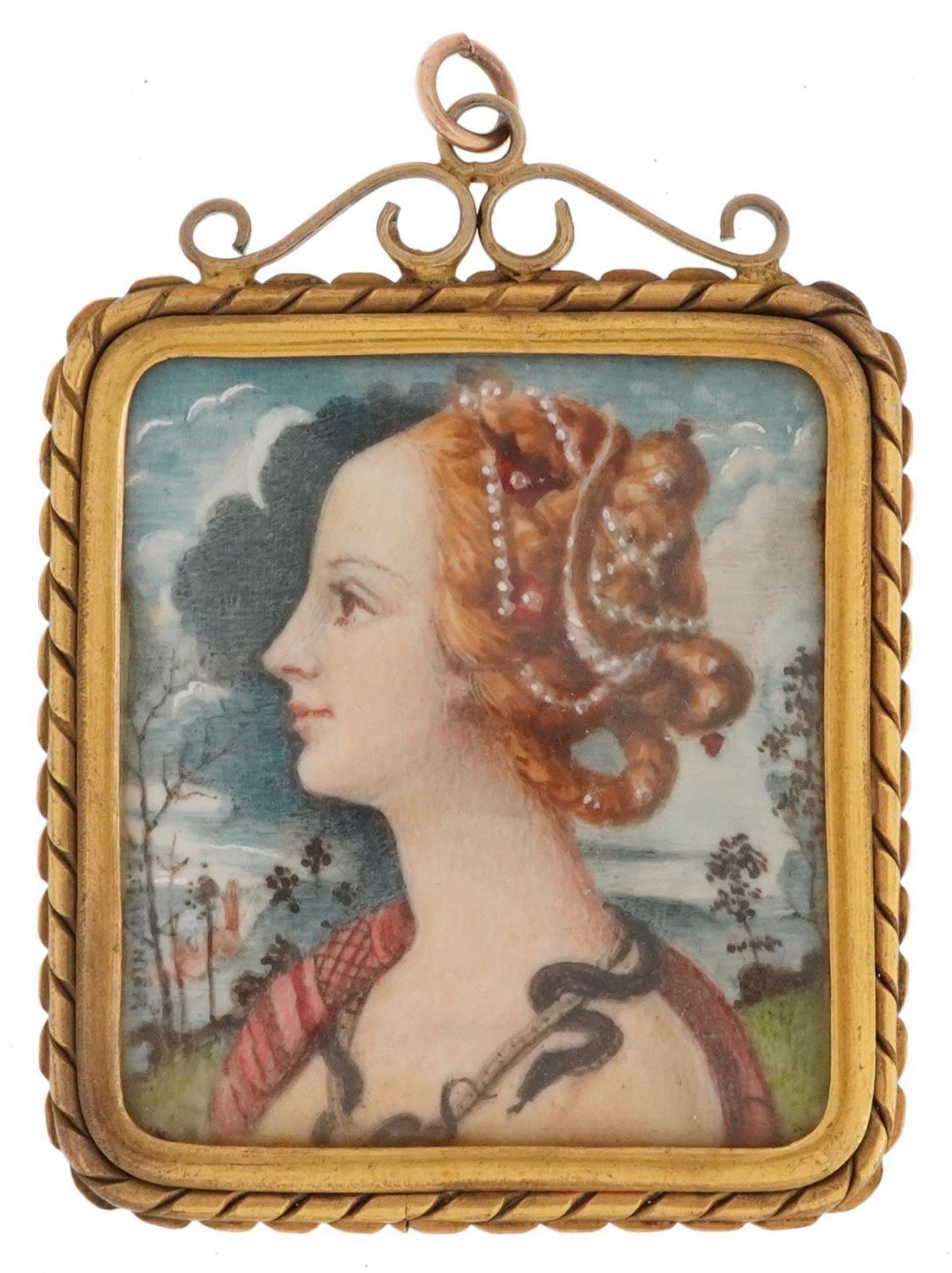 19th century European portrait miniature hand painted with a female before a landscape, the