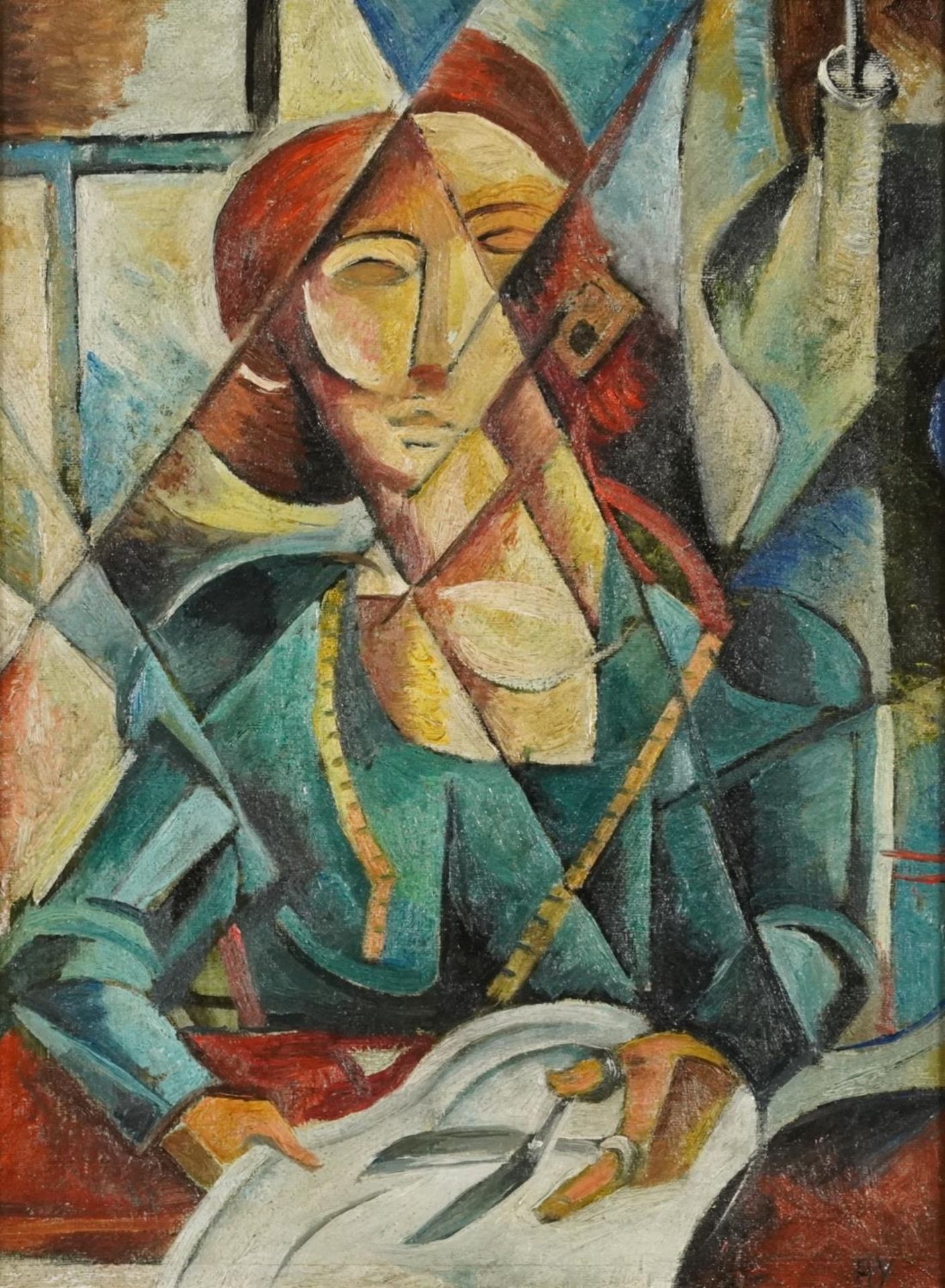 Nadezhda Udaltsova - Seamstress, Russian Cubist oil on canvas, label and inscription verso,