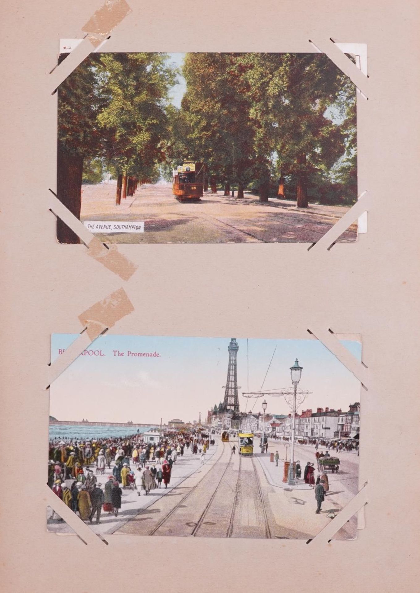 Collection of topographical postcards arranged in an album including London, Leicester, Weston Super