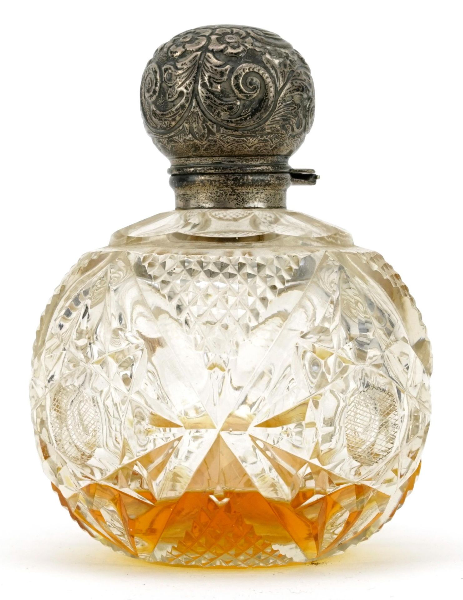 George V globular cut glass scent bottle with silver lid, indistinct maker's mark Birmingham 1912,