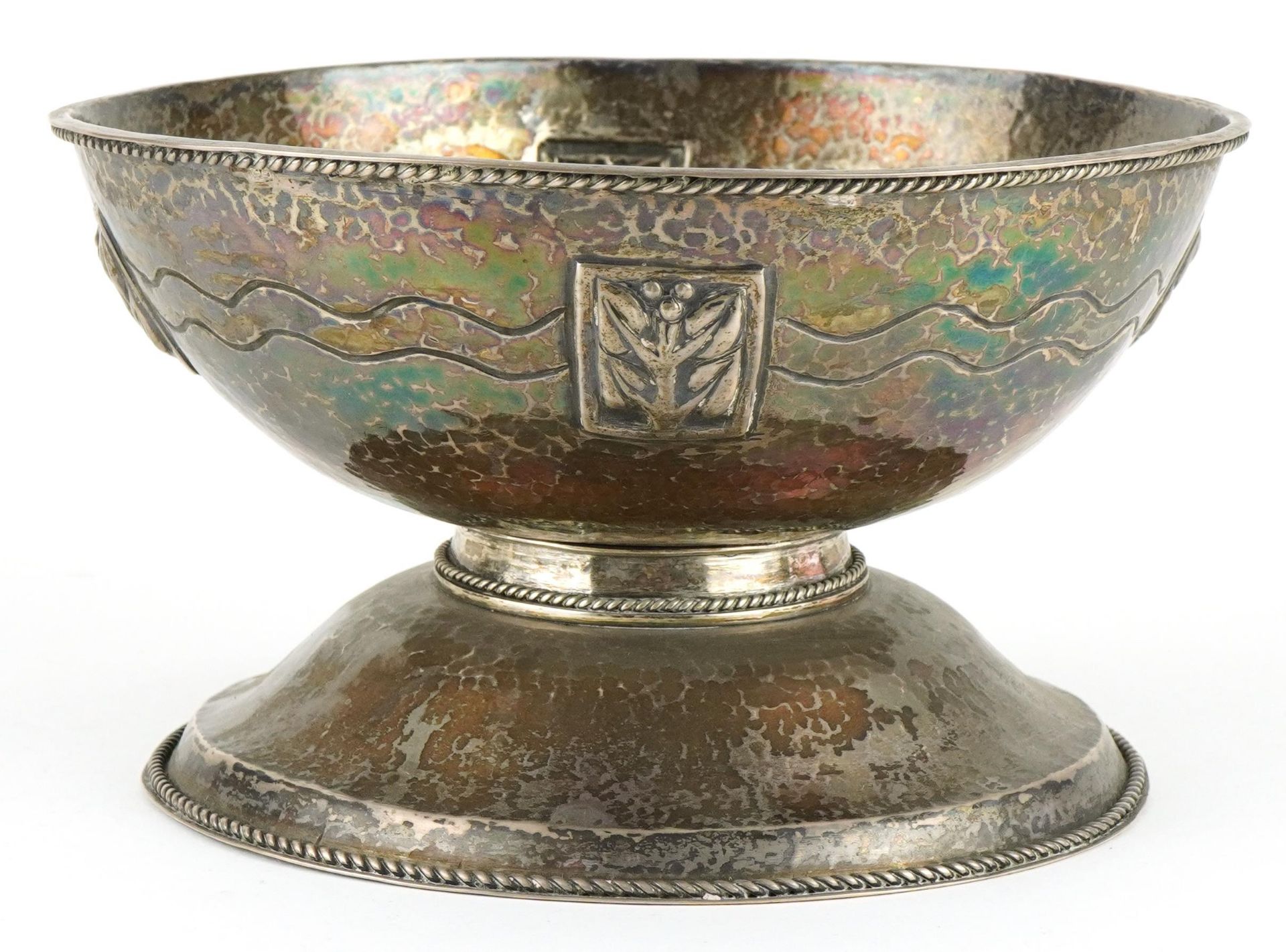Arts & Crafts circular unmarked hammered silver pedestal bowl embossed with stylised flowers and - Image 2 of 4