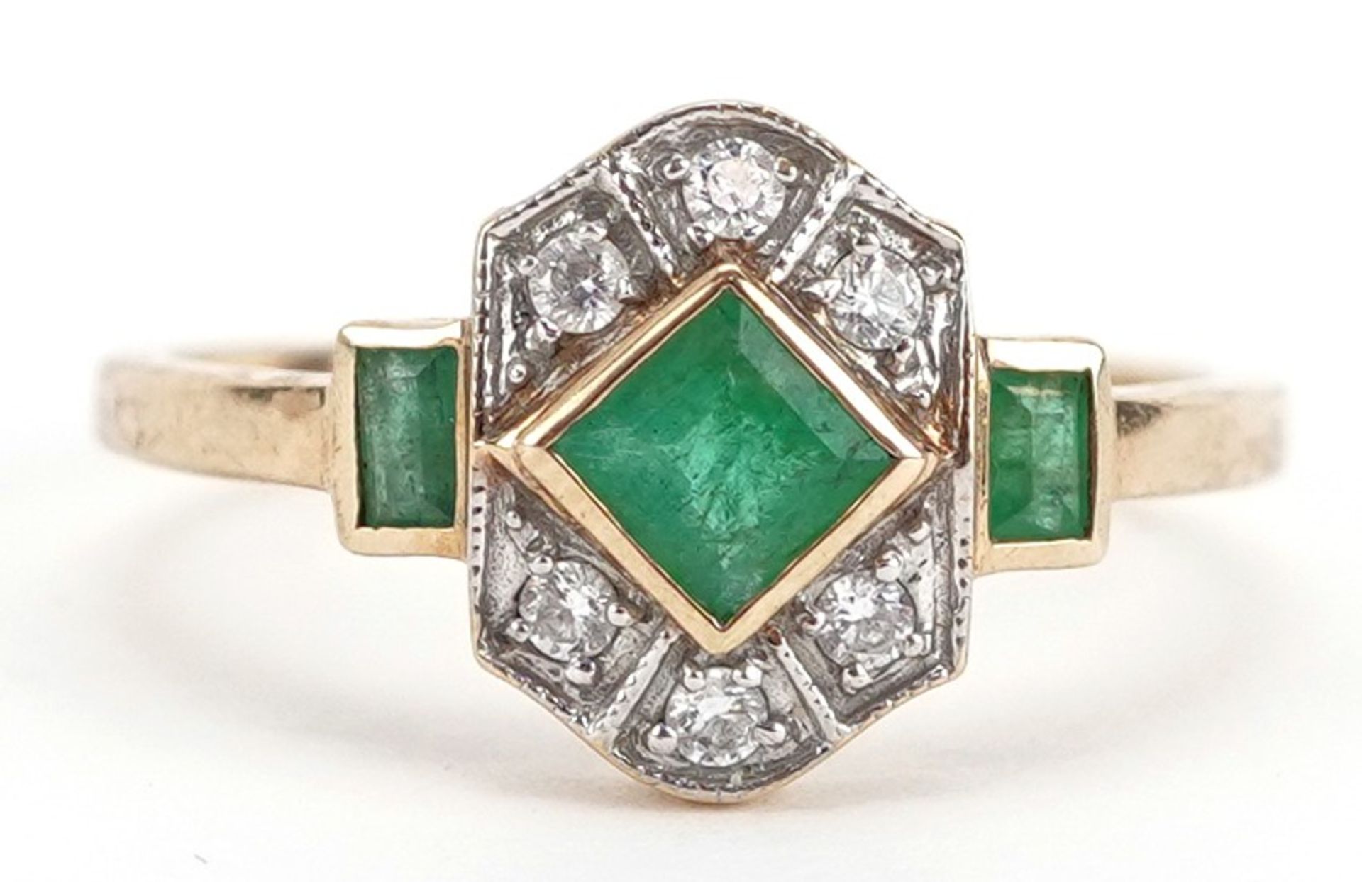 Art Deco style 9ct gold emerald and clear stone ring, size M/N, 2.2g : For further information on