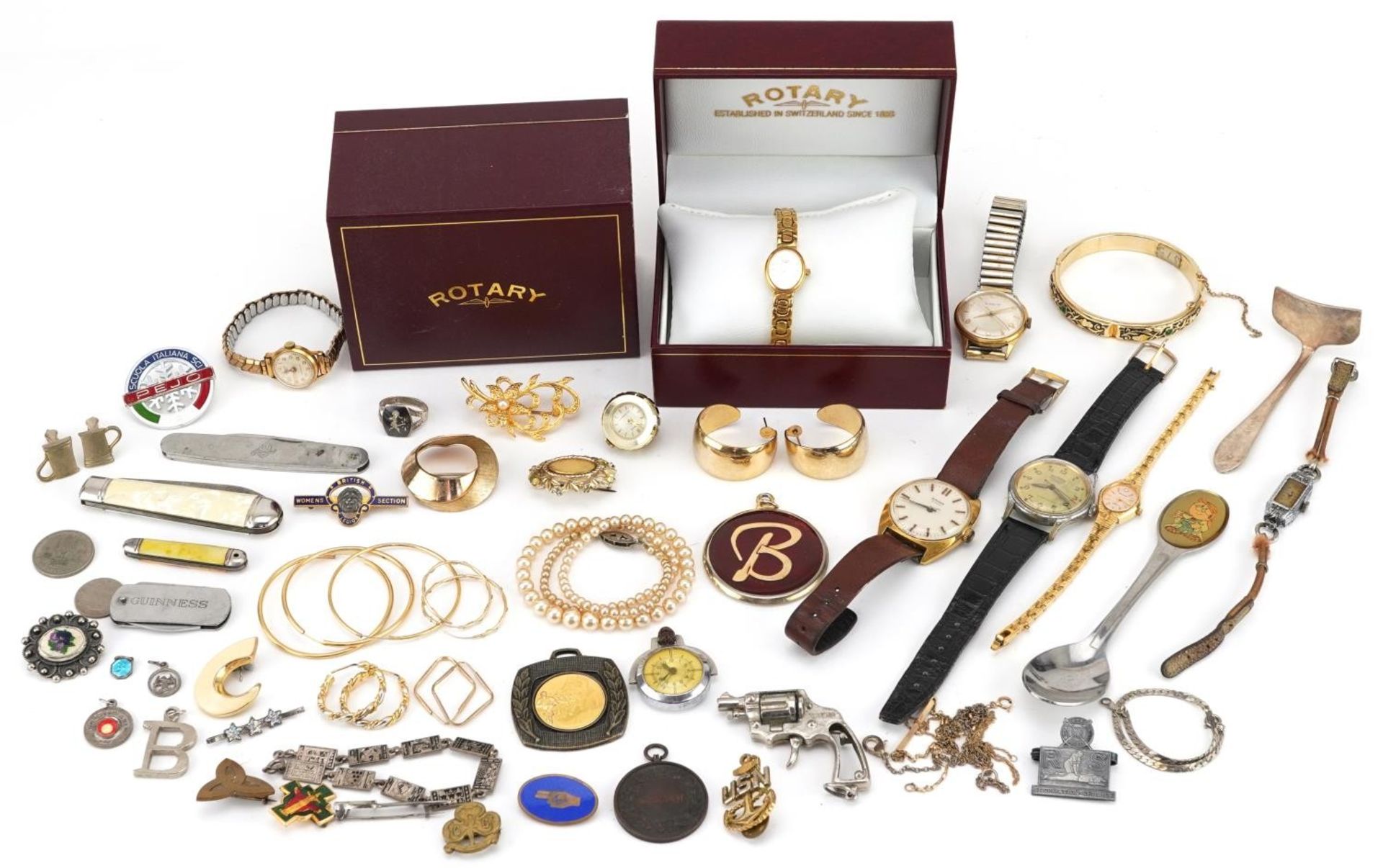 Vintage and later jewellery, wristwatches and objects including Roamer, 9ct gold earring, military