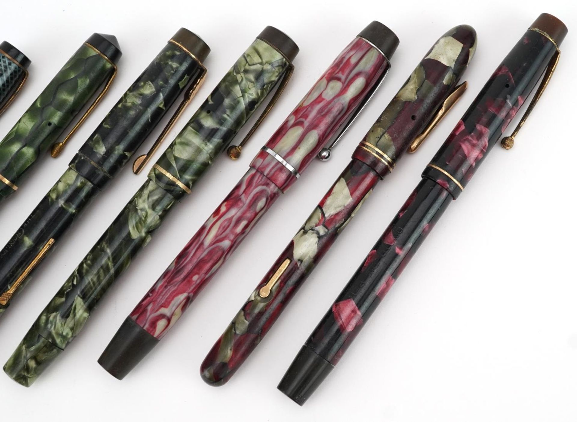 Seven vintage marbleised fountain pens, six with gold nibs, including Conway Stewart 759, Mentone, - Image 3 of 4