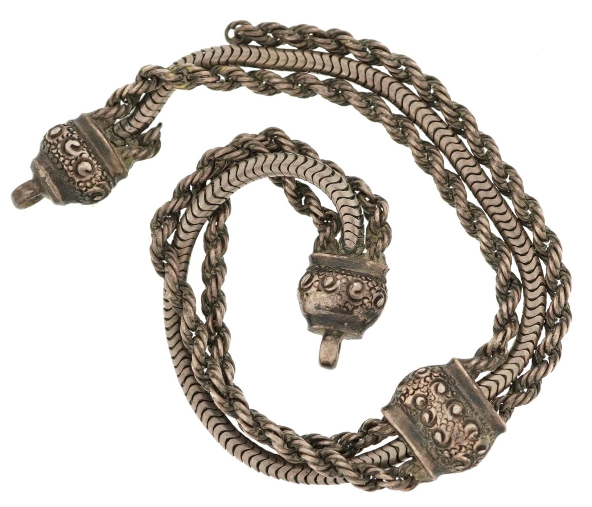 Victorian unmarked silver ladies rope twist and snake link watch chain, 15cm in length, 10.5g :