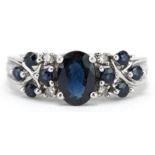 9ct white gold sapphire, diamond and blue spinel ring, size J/K, 2.7g : For further information on