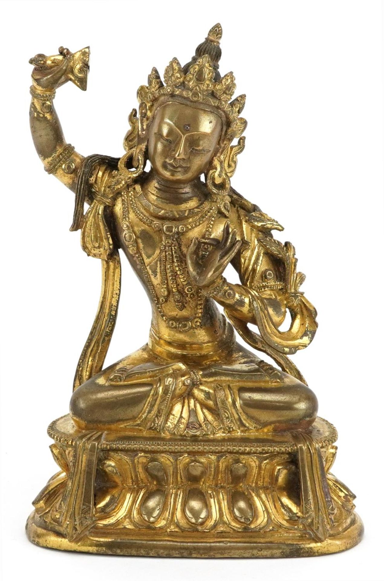 Antique Chino Tibetan gilt bronze figure of Vajrasattva Buddha, 17cm high : For further