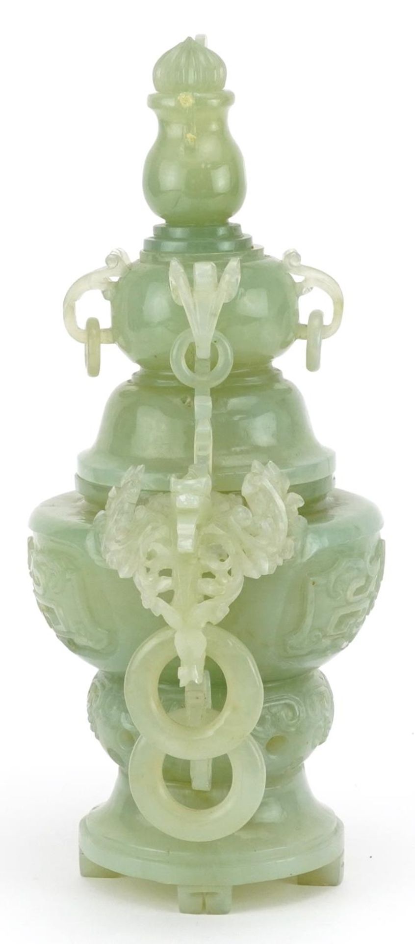 Chinese green jadeite lidded censer with ring turned handles carved with mythical animals, 29cm high - Bild 7 aus 9