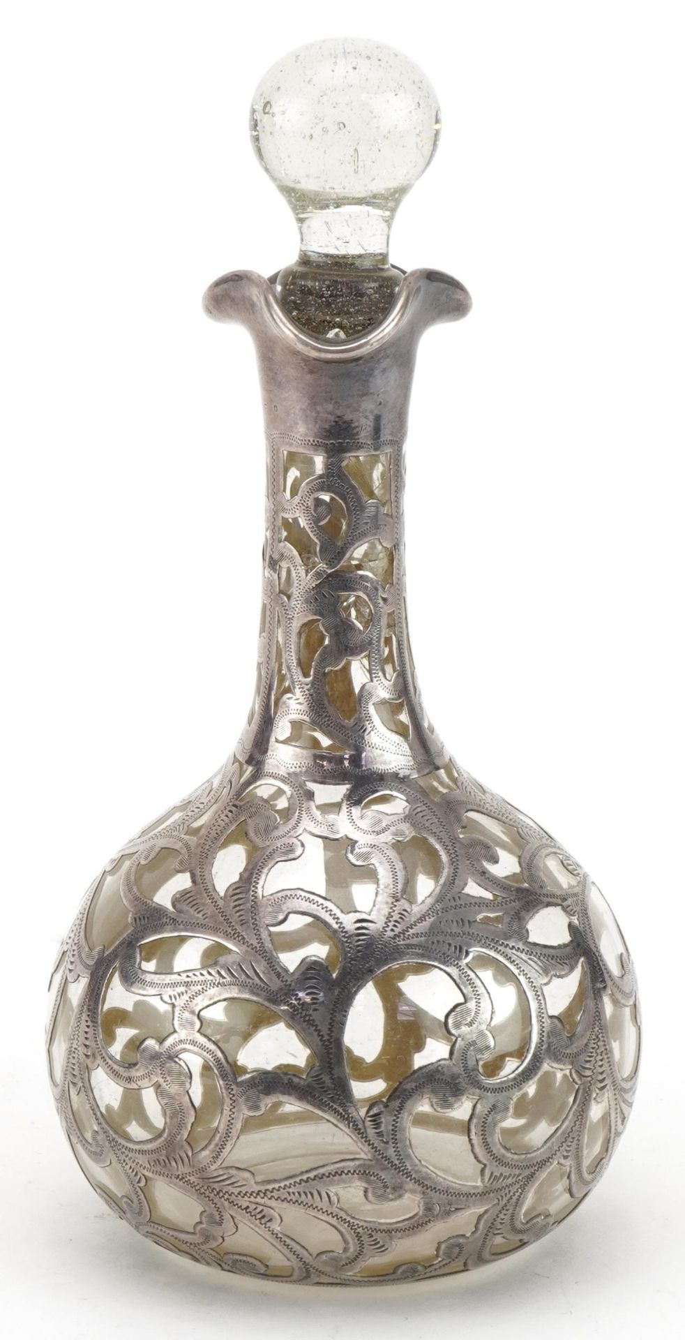 Silver overlaid glass scent bottle with stopper, 17cm high : For further information on this lot