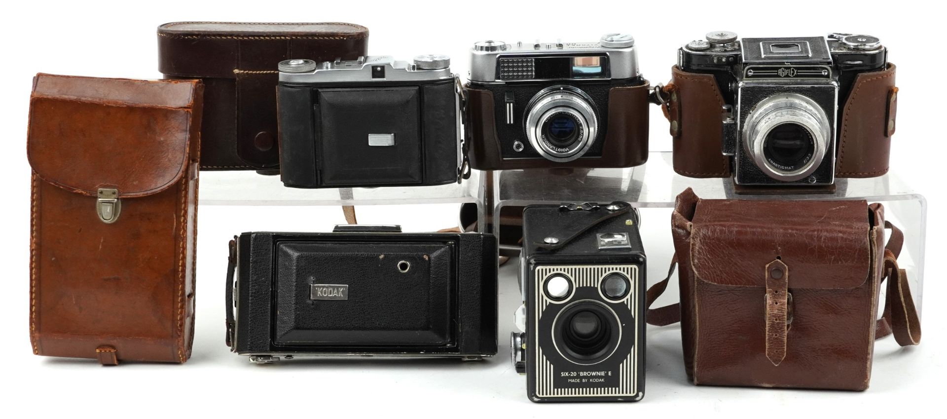 Five vintage cameras with cases including Agiflex, Voigtlander, Balda and Kodak : For further